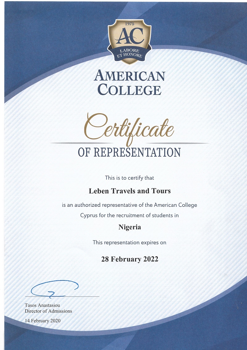 AMERICA COLLEGE CYPRUS NIGERIA STUDY AGENT certification