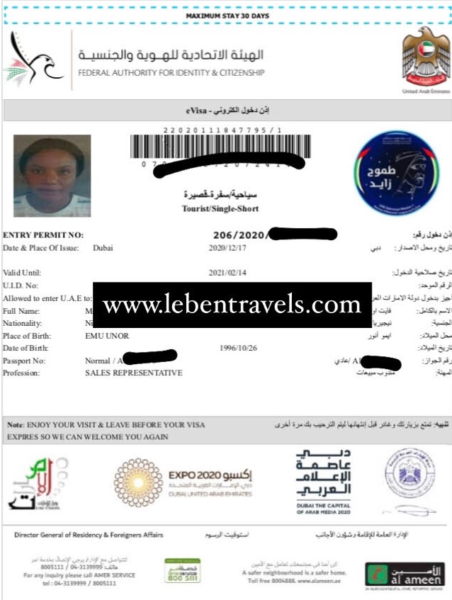 Dubai Tourist Visa Sample