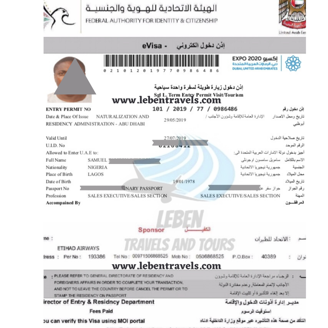 Dubai Visa sample, UAE VISA PROCESSED
