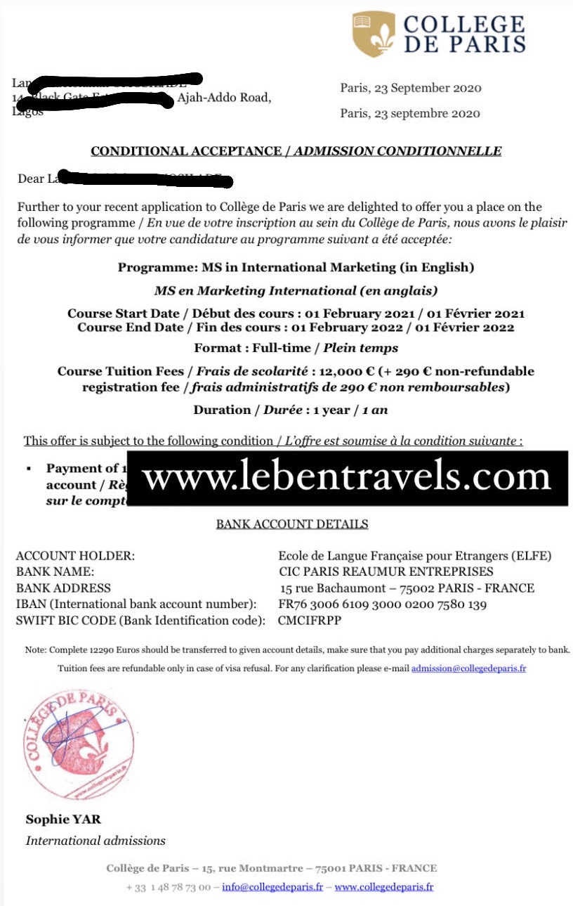 STUDY IN FRANCE - FRANCE MASTERS ADMISSION LETTER - MBA
