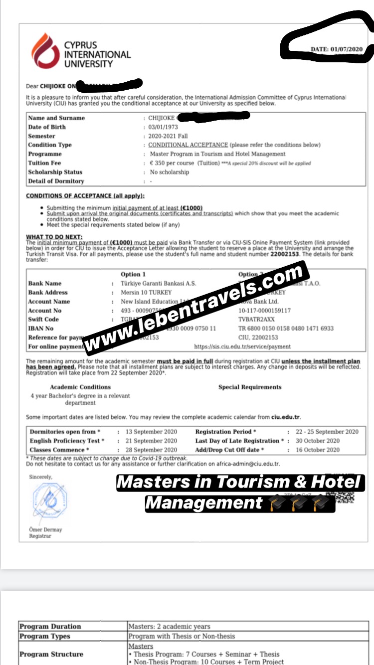  MASTERS ADMISSION FOR NORTH CYPRUS - MSc TOURISM AND HOTEL MANAGEMENT